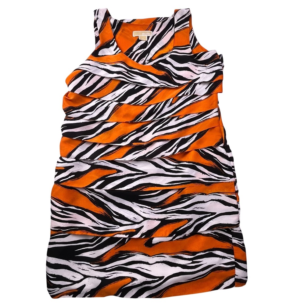 Michael Kors Orange Zebra Tiered Ruffle Dress Sleeveless 14P Side‎ Zip Animal